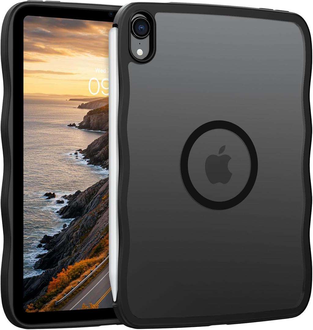 Magnetic Case for iPad mini 7 A17 Pro 2024/iPad Mini 6 2021 8.3 Inch with Pencil Holder, Cute Wave Translucent Matte Slim Soft TPU Bumper Military Grade Protective Cover for iPad mini 7/Mini 6, Black