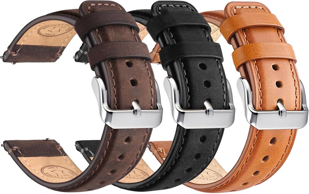 Wristitani 3 Pack Leather Watch Strap, 20mm 22mm Top Genuine Leather Watch bands for Men, Quick Release Vintage Wristband (Black+Silver Buckle/Dark Coffee+Silver Buckle/Brown+Silver Buckle)