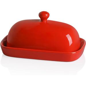 Sweejar Ceramic Butter Dish with Lid for Countertop,Porcelain Butter Keeper with Knob Handle,Butter Container for East/West Coast Butter, 7.1*3.7 inches (Red)