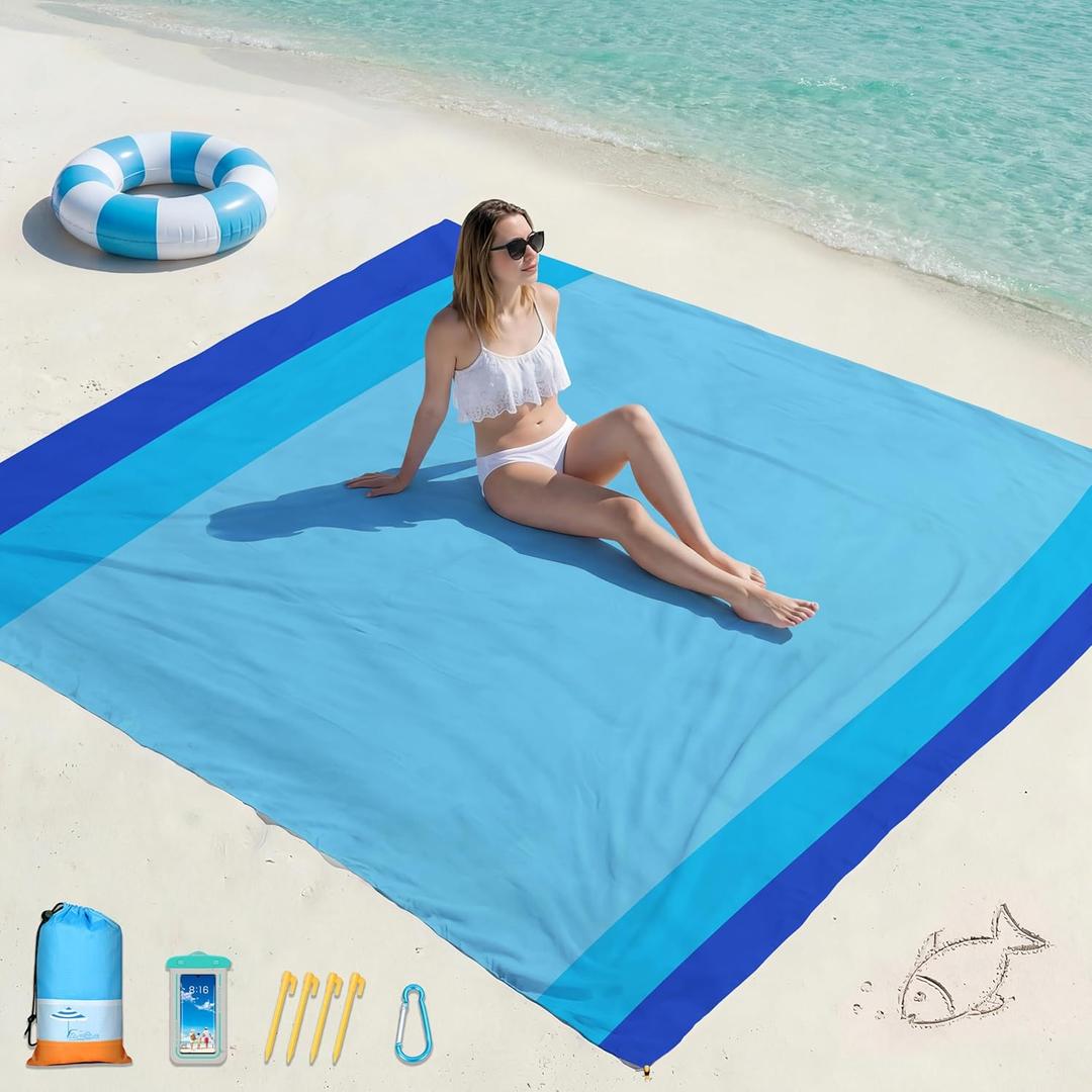 Famstar Beach Blanket Oversized Extra Large 78" X 81",Waterproof Sandproof Beach Blanket 1-7 Adults Lightweight Durable for Travel Camping Hiking Picnic (Blue3)