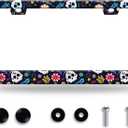 Sugar Skull Flowers License Plate Frame Cute Colorful License Plate Frames Stainless Steel Accessories Cars Decor with 2 Holes and Screws Fits Standard US CA Vehicles Size 12.2 x 6 Inches