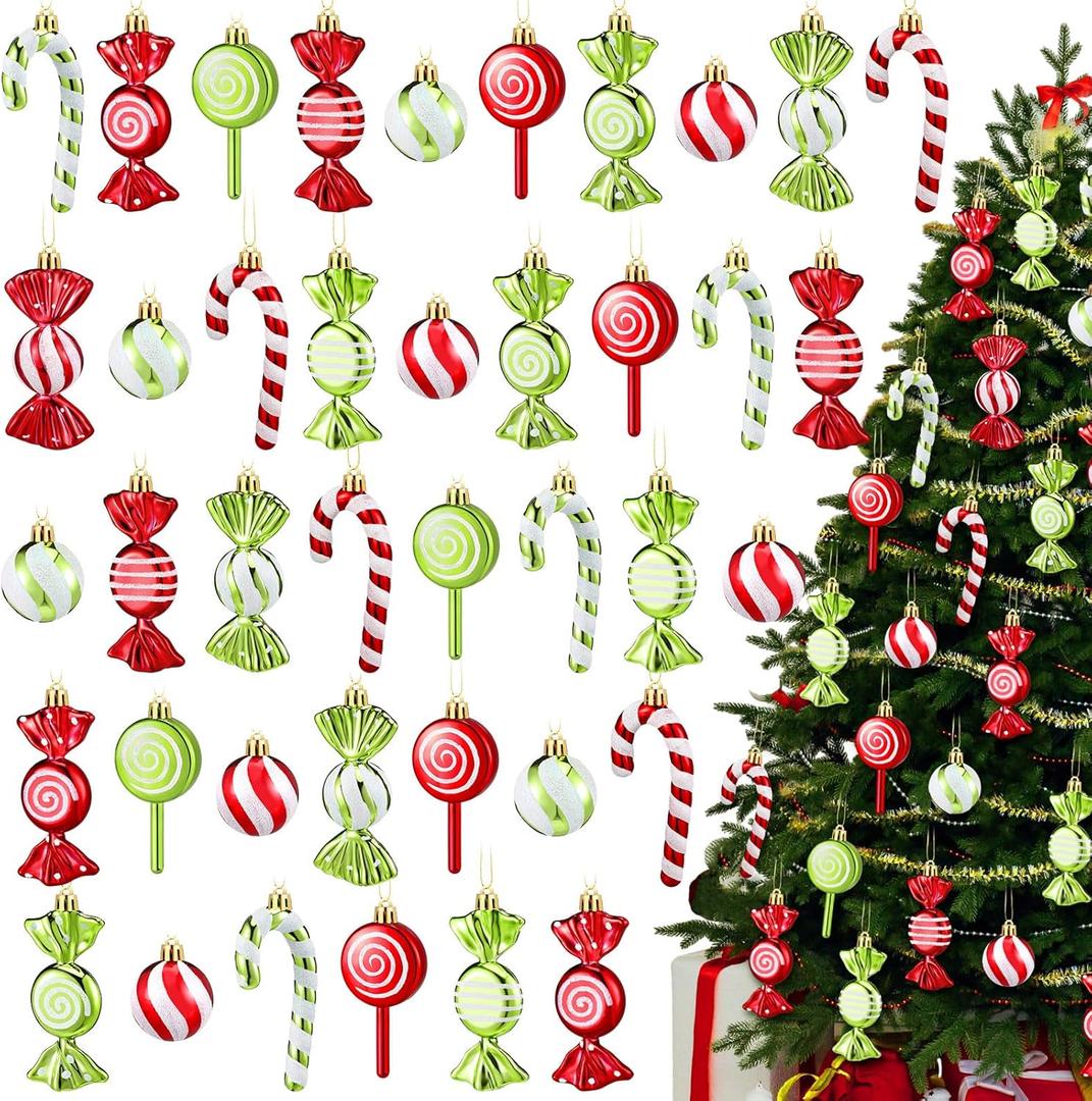 Liliful 30 Pcs Christmas Candy Cane Lollipop Ornaments Set Plastic Holiday Peppermint Candy Home Hanging Ornament Lollipop with Rope for Xmas New Year Party Decor (Red Green White)