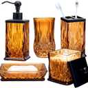 Bathroom Accessories Set,5 Pcs Amber Glass Bathroom Accessory Set,Complete Lotion Soap Dispenser,Toothbrush Holder,Soap Dish,Tumbler & Jar,Modern Bathroom Decor Sets Gift,Square
