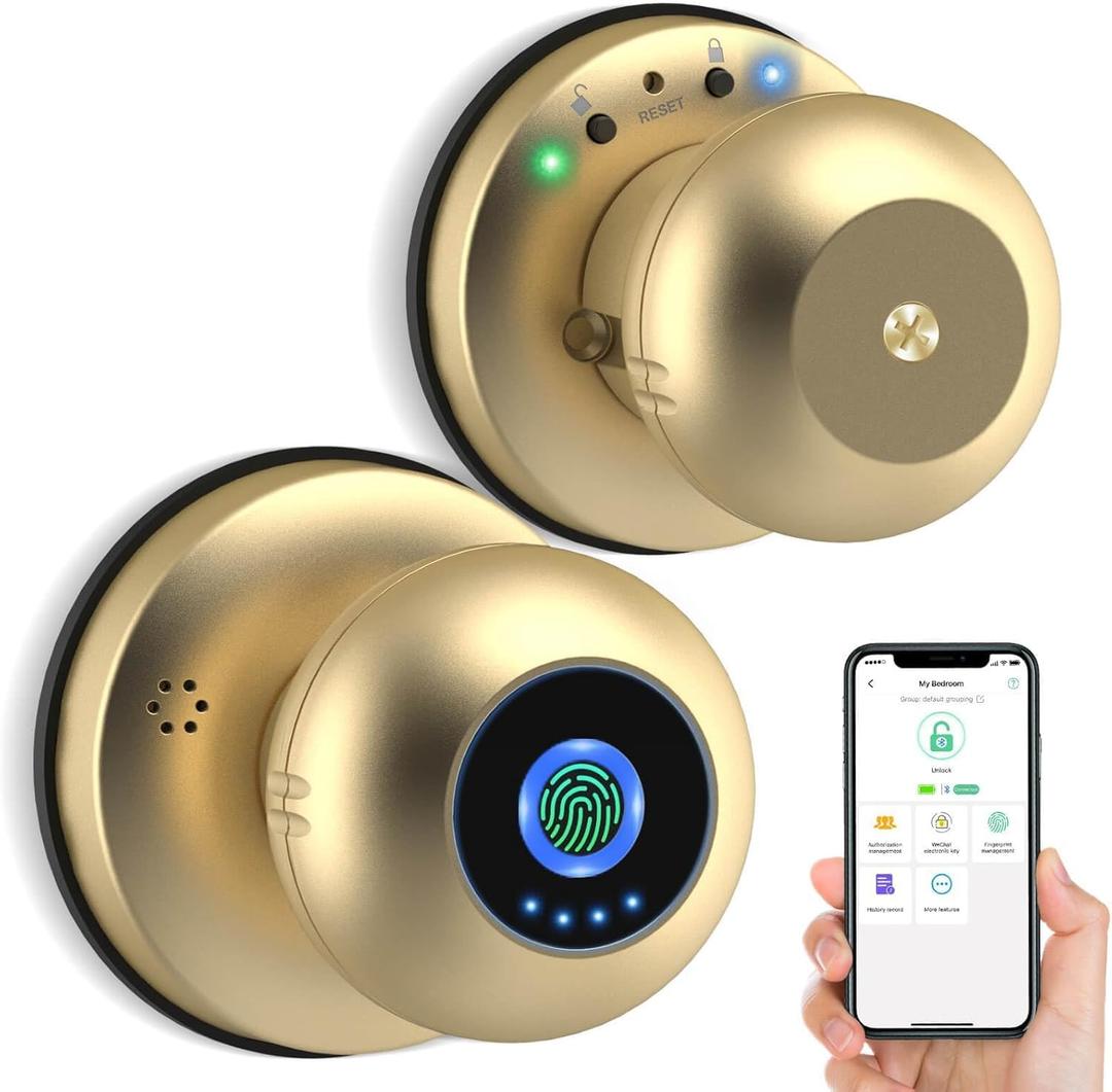eLinkSmart Fingerprint Door Lock Smart Door Knob with Key Keyless Entry Door Lock for Bedroom Apartment with Privacy Mode Clear Voice Prompt Bluetooth App Control Glod