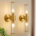 Brushed Gold Wall Sconces Set of 2, Modern Bathroom Vanity Light Fixture with Clear Glass Shades, Hardwired Brass Wall Mounted Lamp for Over Mirror, Hallway, Bedroom (E12 Bulbs Not Included), 2Pcs