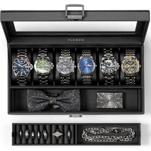 Vlando 6-Slot Watch Case for Men, Watch Box with Glass Lid, Storage for Rings, Keys, Business Textured Leather Organizer Display Case, Soft Pillow, Gifts for Fathers, Dad, Husband - Black