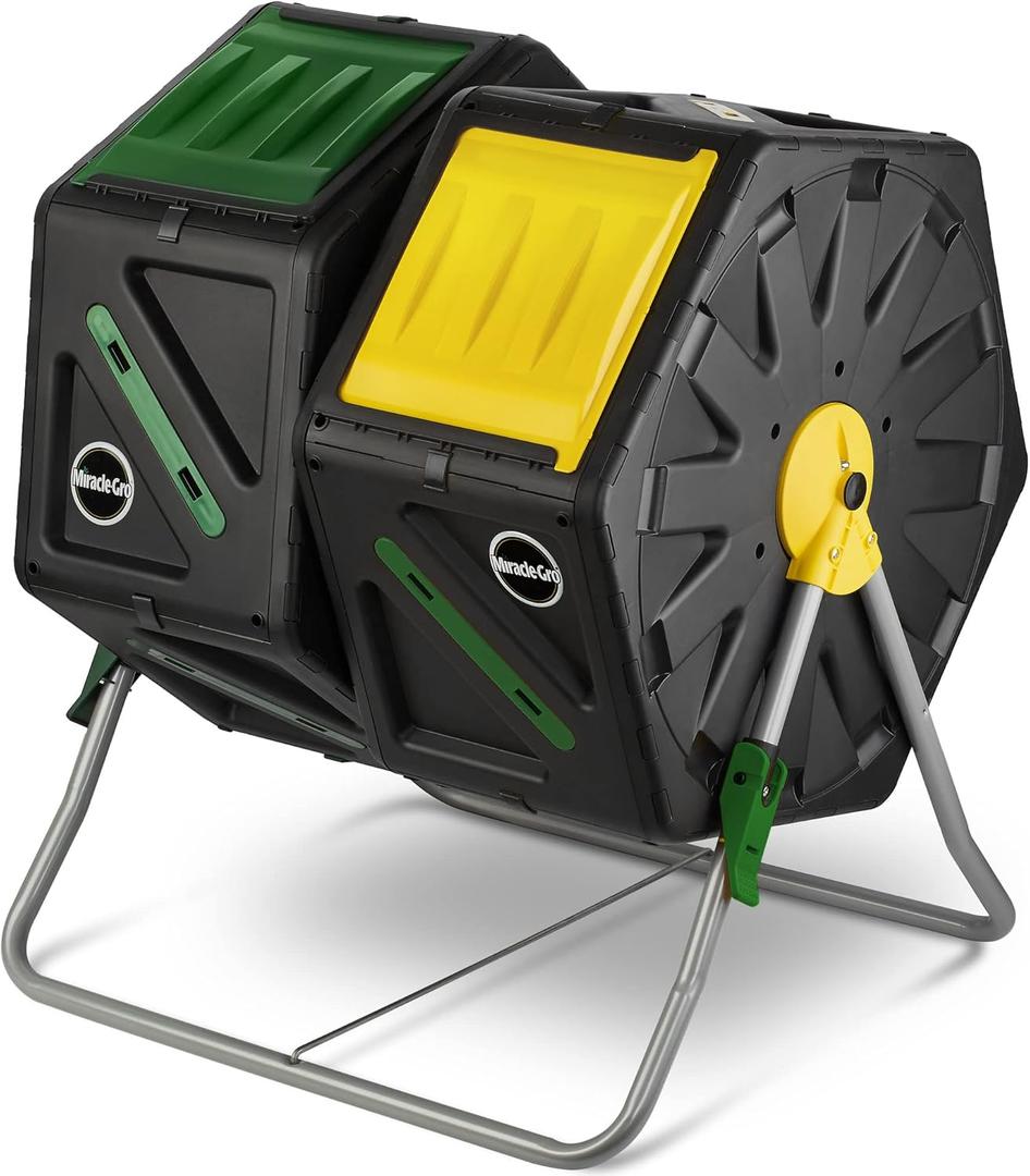 Miracle-Gro Dual Chamber Compost Tumbler Easy-Turn, Heavy-Duty Outdoor Bin Composter with 2 Sliding Doors (2x18.5 Gal/70L)
