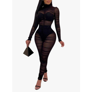 Uni Clau Women One Piece Outfits Mesh Sheer Bodycon Jumpsuit Long Sleeve See Through Party Club Outfits for Women(No Size)