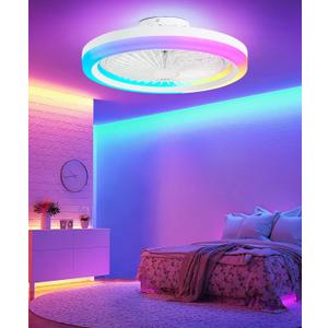 19.9" White Kids Ceiling Fan with Light, Low Profile Caged Design