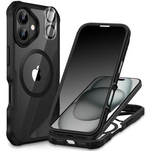 CENHUFO Magnetic Privacy for iPhone 16 Plus Case [Compatible with Magsafe] Full Body Phone Case Built-in 9H Tempered Glass Privacy Screen Protector and Camera Lens Cover, Shockproof Bumper - Black