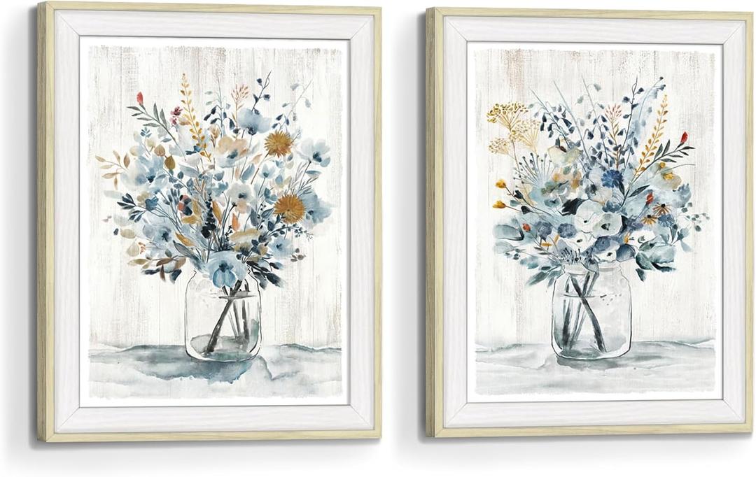 Framed Flower Wall Art Picture: Floral Print Watercolor Blossom Bouquet Wildflower Painting Vertical Botanical Artwork Decor for Living Room Bedroom Bathroom (8"x10"x2Pcs)