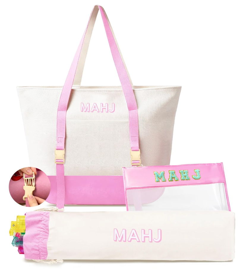 Mykng Nzw Empty Mahjong Tile Bags Set for American Tiles and Racks,Canvas Tote Bag with Mat Holder Accessories Organizer,Portable Mahjong Case Drawstring Protective Sleeve for Rack Pushers,Pink