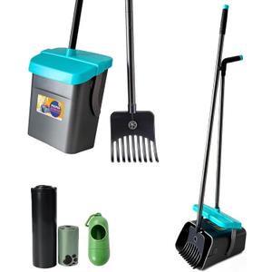 46" Pooper Scooper Swivel Bin & Rake for Large Small Dogs with Bag Attachment, Long Handle Poop Scooper with Lid for Yard (Blue)