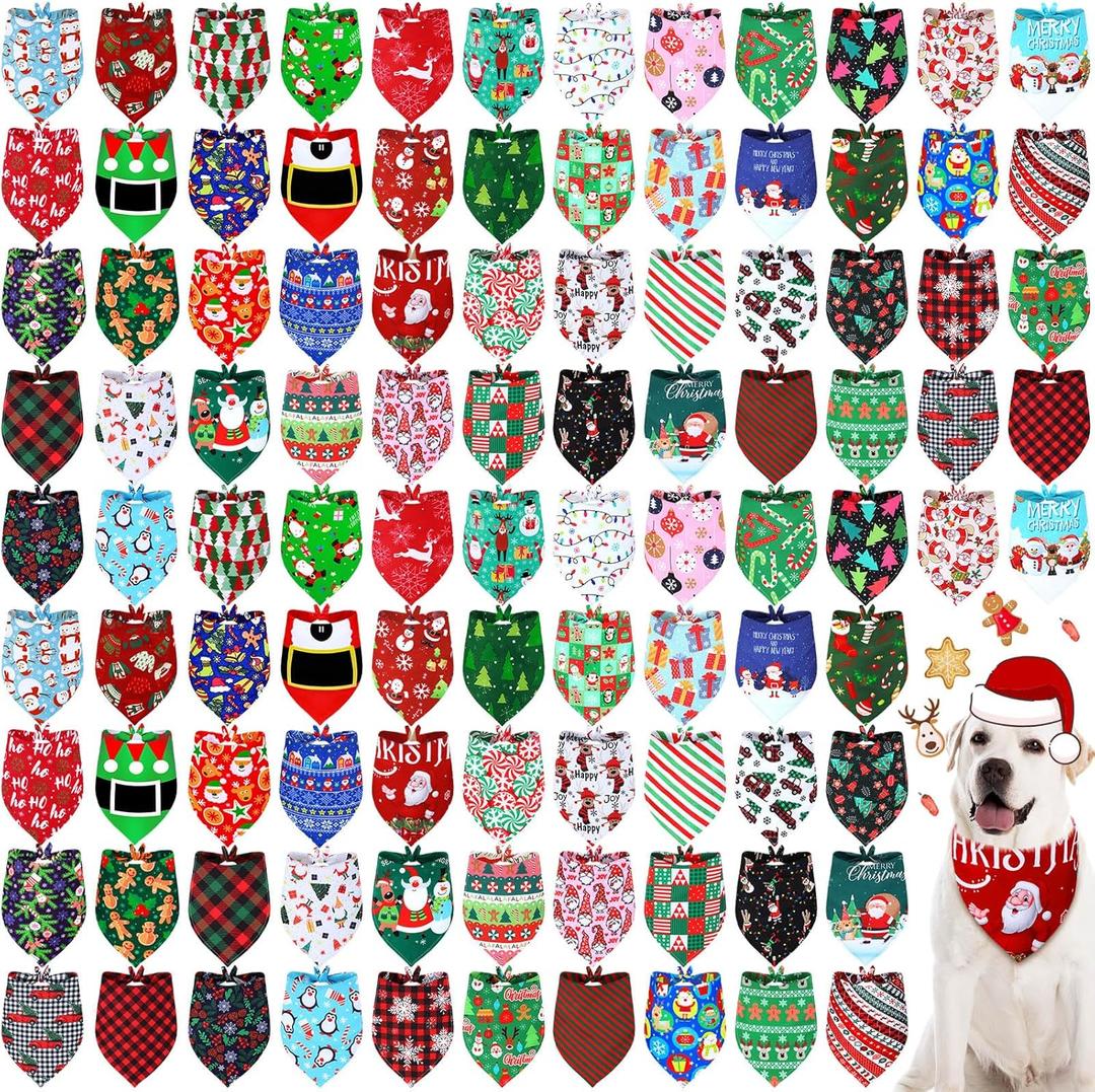 Newwiee 100 Pcs Christmas Dog Bandanas Bulk for Dogs Triangle Bibs Scarf Holiday Xmas Soft Breathable Dog Christmas Scarf Accessories for Large Dog Puppy Cat (Trendy Style)
