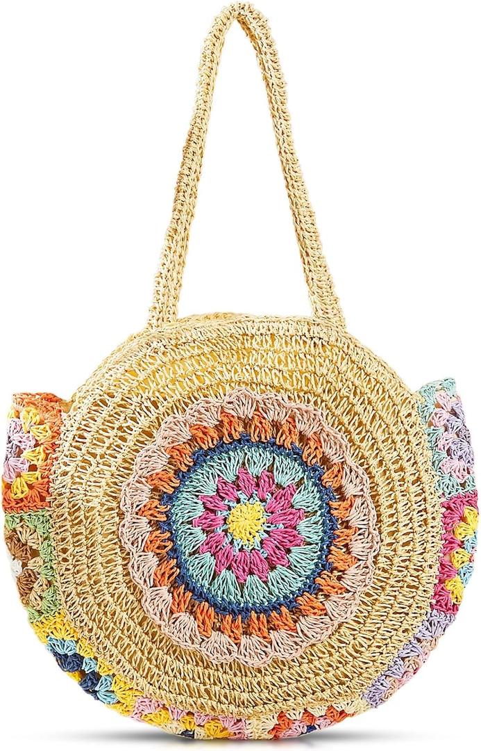 Tote Bag, Bohemian Straw Bag, Large Capacity Beach Bag, Colorful Floral Woven Bag, Shoulder Bag for Women Travel Vacation Work Daily Matching(Beige)