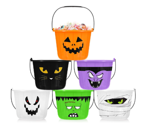 Qilery 12 Pcs Halloween Plastic Buckets Bulk with Handle 7 x 6 x 6 Inch Halloween Pumpkin Trick or Treat Buckets Jack O Lantern Candy Basket for Trick or Treat Party Favor Supplies,  Purple/White/Black/Green/Orange