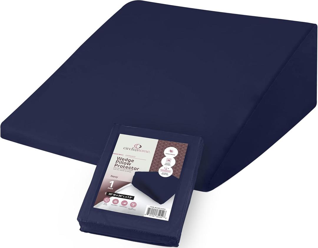 CirclesHome Wedge Pillow Cover 100% Cotton, Zippered Wedge Pillow Case Protector, Soft, Hypoallergenic & Breathable - Navy, (25Wx26Lx7.5)