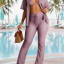 Women's Fashionable 2-Piece Beach Ensemble-Hollow Out Button Top and Drawstring Pants, L
