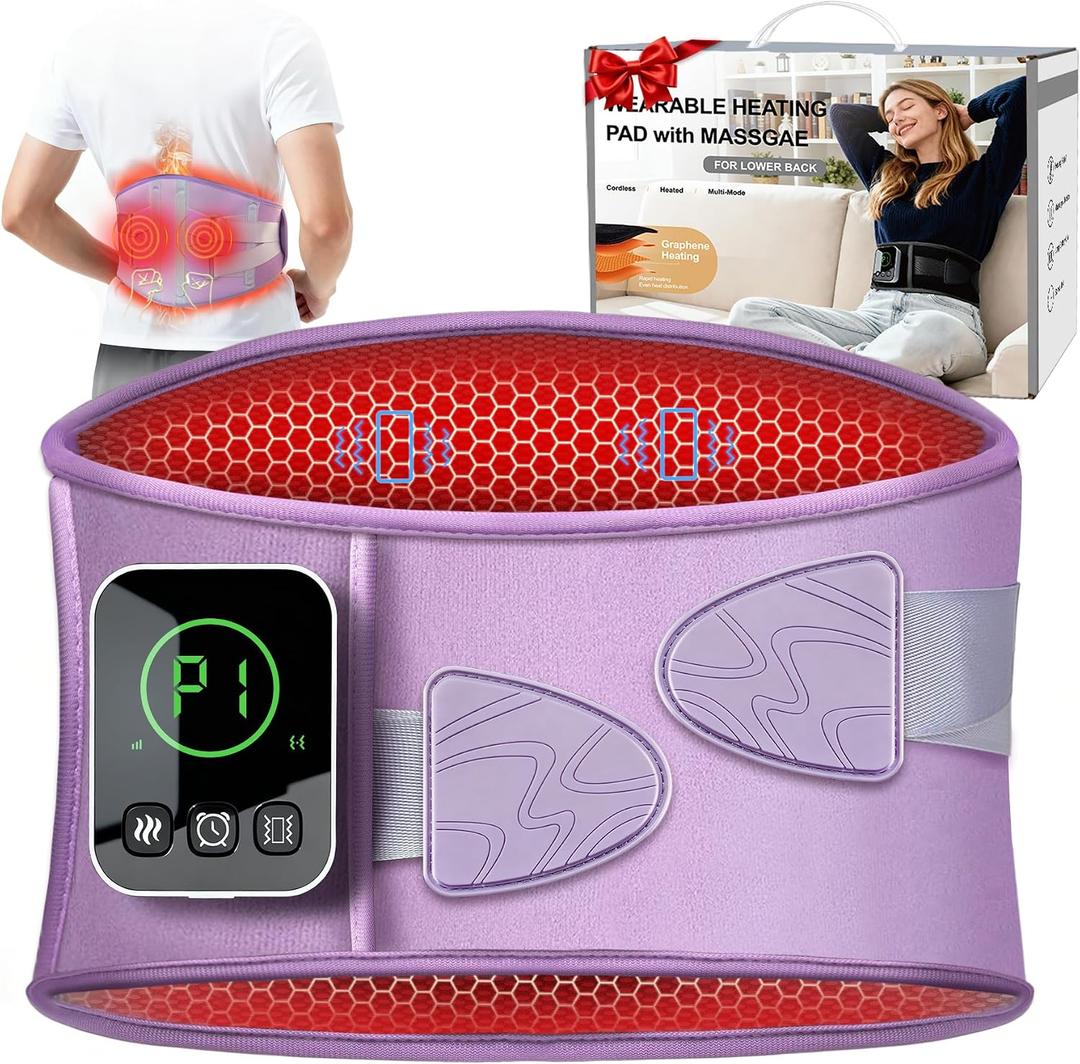 Graphene-Infused Cordless Heating Pad with Massager for Back, 5000mAh Rechargeable Portable Lower Back Massager with 3 Heat 3 Vibration with 20/30/40 mins Timer Options, Gifts for Women Men Mom Dad