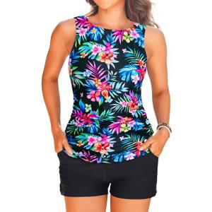 Tankini Swimsuits with Shorts - Two Piece Tummy Control Bathing Suits High Neck Swimwear with Two Side Pockets (Medium, Multi Floral)