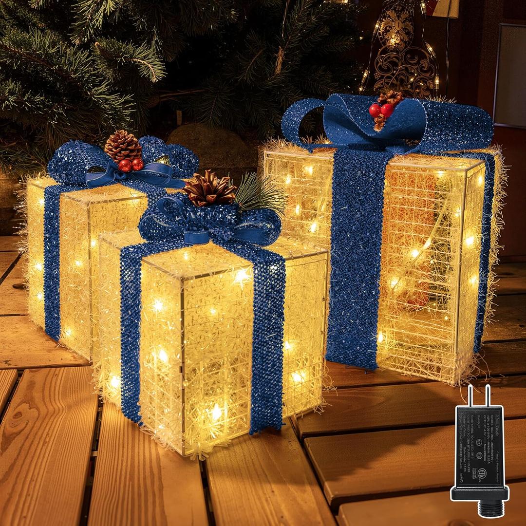 Christmas Decorations, Set of 3 Christmas Lighted Gift Boxes, Pre-lit 60 LED Light Up Present Boxes Warm White Xmas Ornaments for Indoor Outdoor Yard Lawn Home Decor (Blue Bow)
