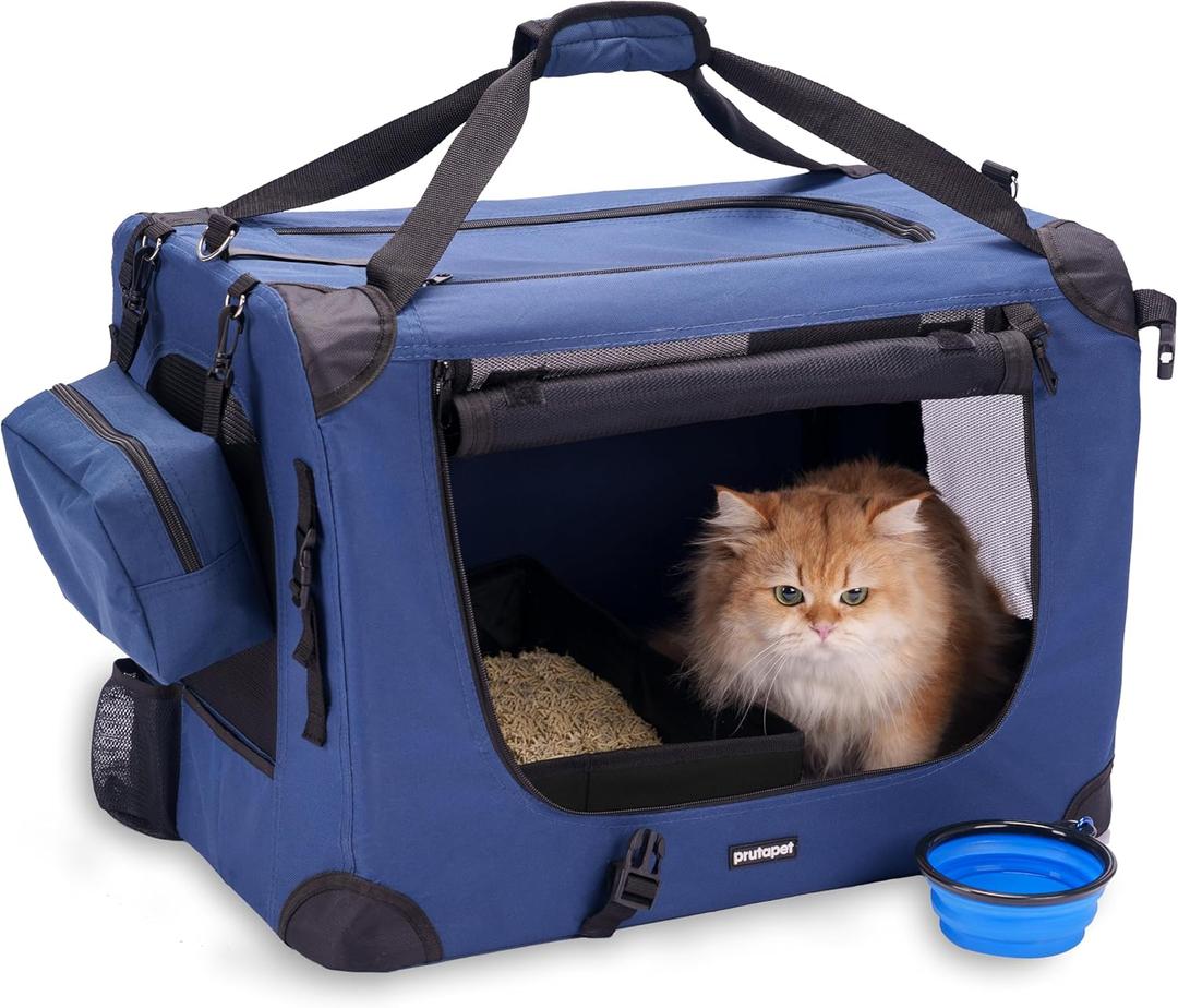 Large Cat Carrier 24"x16.5"x16.5" Soft-Sided Portable Pet Crate for Car Traveling with Collapsible Litter Box and Bowl (Blue)