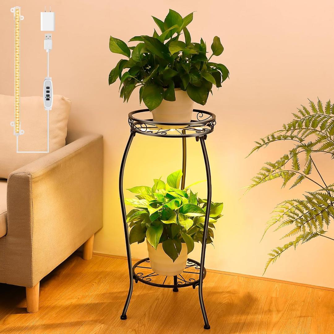 Plant Stand indoor Outdoor 2 Tier 27" with Grow Light, Tall Metal Potted Holder Rack Flower Stand Rustproof Iron Heavy Duty Round Plant Shelf for Planter Corner Home Garden Balcony Patio