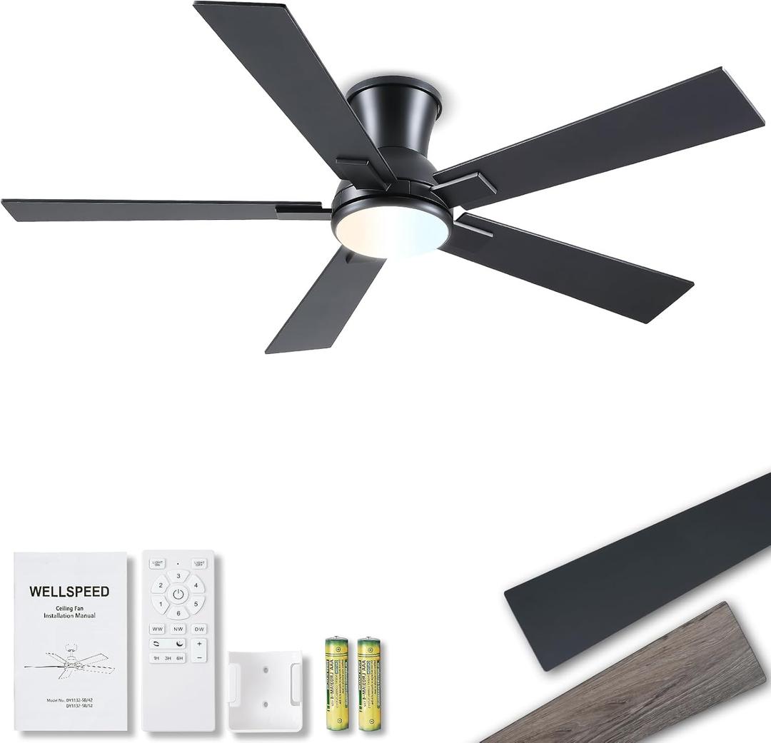52 Inch Black Flush Mount Ceiling Fan with Light, 3CCT Dimmable LED, 6-Speed Remote Control, Reversible Motor,Quiet Low Profile Energy-Efficient for Bedroom & Living Room,ETL Listed