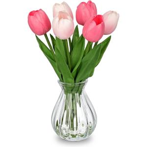 Artificial Tulips Flowers Floral Arrangement - 6 Pcs Faux Flowers in Clear Glass Vase with Faux Water 12.5" Pink & White Ombre Fake Tulip Bouquet Centerpiece for Dining Table Home Wedding Office Decor