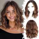 Chestnut Highlight Short Wavy Wig for Women Lace Hairline Bob Style Synthetic Heat Resistant - Natural Appearance for Everyday Hairstyle 14 Inch