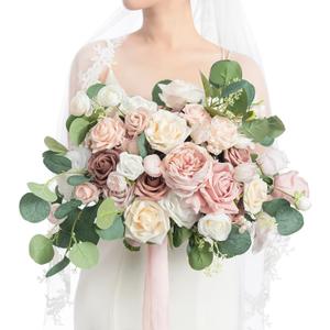 Ling's moment Pink Wedding Bouquets for Bride, Dusty Rose Bridal Bouquets for Bride, 15 Inch Free Form Artificial Wedding Flowers Bouquets