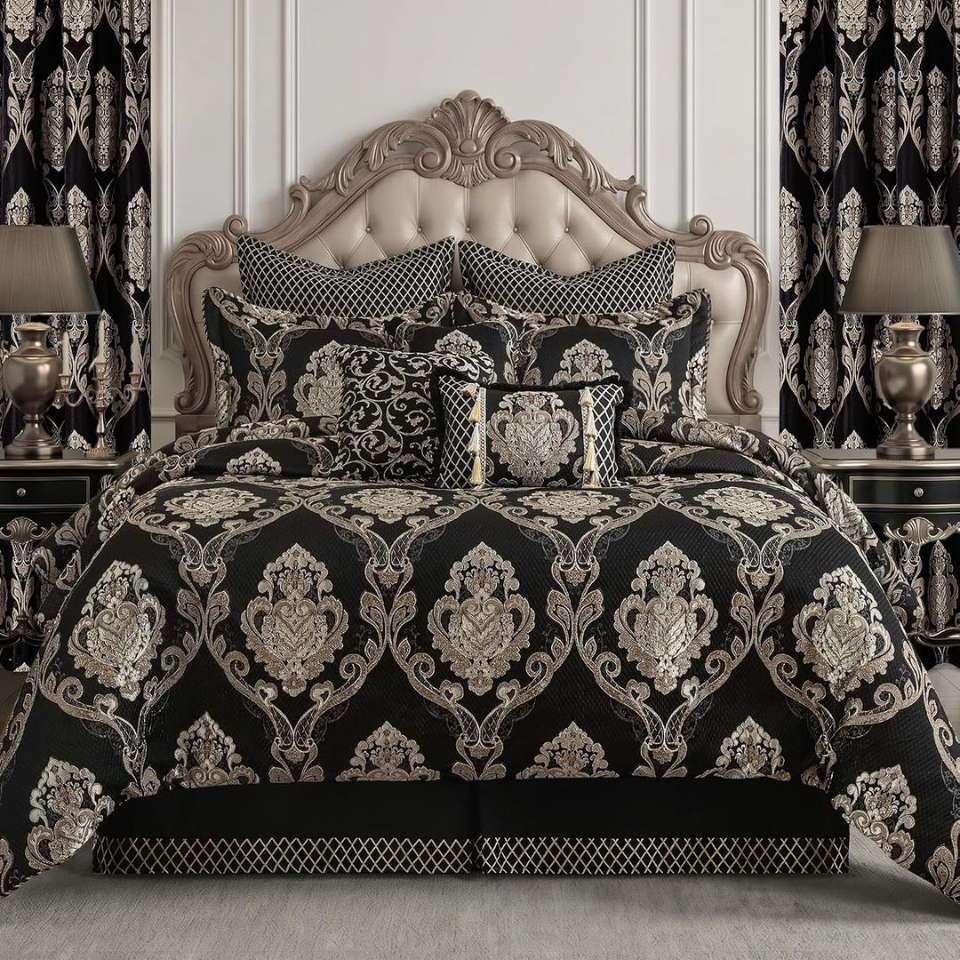 Loom and Mill 9-Piece Luxury Jacquard Comforter Set, European Damask King Size Comforter Sets, Classic Textured Black Bedding Set with Euro Shams, Bedskirt, Filled Decorative Pillow for Home(King)