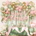 Pink and Green Birthday Decorations for Women Girls, Sage Green Pink Sand White Gold Foil Confetti Balloons Happy birthday Banner Gold Butterfly Fringe Curtains Birthday Decorations