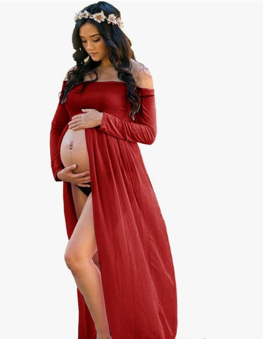 ZIUMUDY Maternity Maxi Chiffon Photography Dress Split Front Gown for Photoshoot, Size L