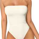 OQQ Womens Tube Bodysuits Strapless Basic Sleeveless Ruched Stretch Classic-Fit Tops Sexy Bodysuits (Medium, Beige)