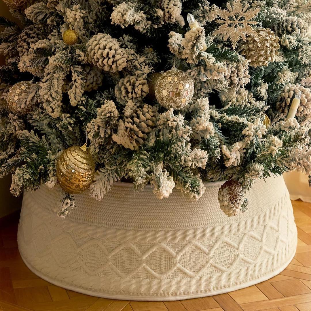 Christmas Tree Collar, Knit White Rustic Farmhouse Christmas Tree Skirt, Adjusted Christmas Tree Base Cover for Artificial Trees for 6ft 6.5 ft 7ft 7.5ft Tree