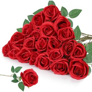 Atongham25pcs Elegant Rayon Red Rose Bouquet - Long-stemmed Red Roses for Weddings, Parties, Home Decoration, Photo Decoration, and High Vase Filling