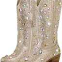 Richealnana Sparkly Rhinestones Cowboy Cowgirl Style Boots Calf High Boots for Women 2INCH Heeled Shining Pull On Tabs (9, Gem Gold)