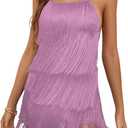 LYANER Women's Sexy Fringe Halter Waist Tie Back Sleeveless Romper Jumpsuit Playsuits (Purple, XS)