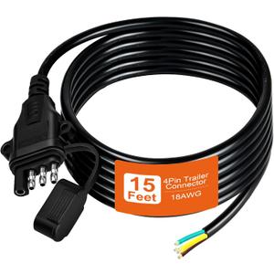18AWG 15FT 4 Pin Trailer Connector Pure Copper 4 Pin Trailer Wiring Harness Jacketed Cable Heavy Duty Male Extension Wiring Harness 4 Wire 4-Flat Connector 4 Way Flat Plug with Dust Cover