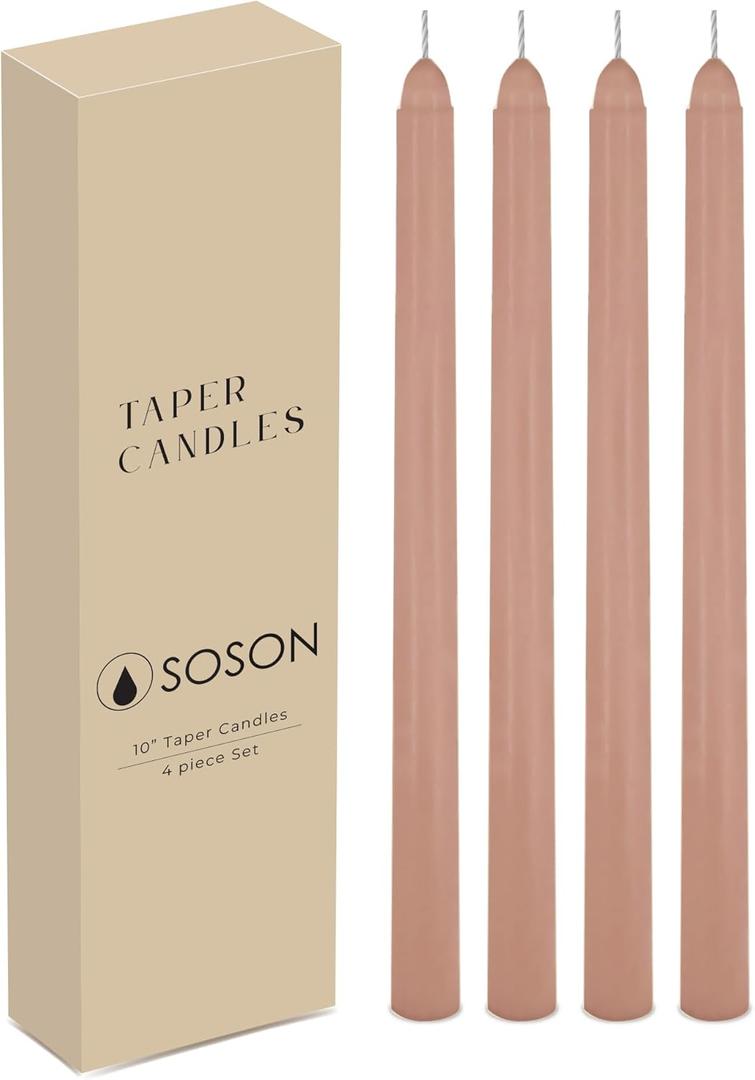 Simply Soson Taupe Taper Candles 10 inch Dripless, Set of 4, Dripless Taper Candle Sticks, Tall Candlesticks Long Burning Perfect for Dinner, Wedding, Party or Christmas Tapered Candles Decor