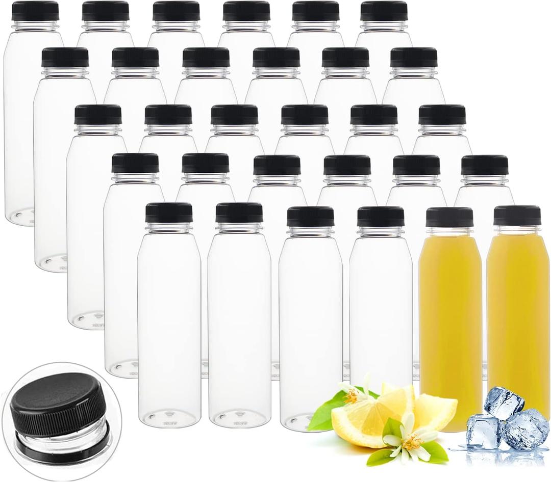 30 Pack 12 oz Empty Plastic Juice Bottles with Caps Reusable Clear Beverage Containers with Black Tamper Evident Lids, Brush, Funnel for Juice, Milk, Water, Coffee