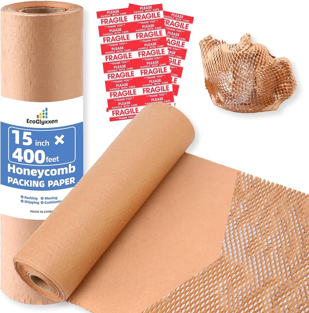 Honeycomb Packing Paper 15"x400' - Bubble Wrap Eco-Friendly Alternative, Recyclable Cushioning Material for Shipping, Moving & Small Business Packing Supplies with 20 Fragile Sticker Labels
