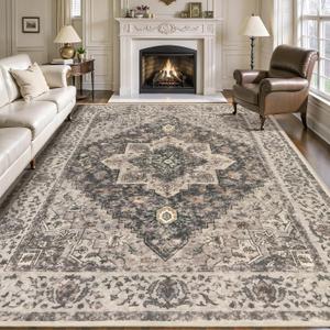 Tangsoo 8x10 Area Rugs for Living Room, Farmhouse Washable Rug Vintage Indoor Non Slip Large Area Rugs, Print Distressed Grey Carpet, Soft Low Pile Foldable Floor for Bedroom Dining Room Dorm Office