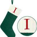 Christmas Stockings with Initials,20 Inches Large Knit Embroidered Letter Green White Christmas Stocking,Monogram Christmas Stocking for Famliy Holiday and Xmas Tree Fireplace (Letter I)