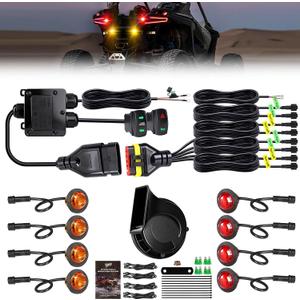 UTV Turn Signal Kit, Pre-Wired, Plug and Play Universal Street Legal UTV Blinker Kits with Rocker Switch, Hazard Light, 110dB Horn, Compatible with Polaris, Can-Am - 8Pods Amber Red Lights