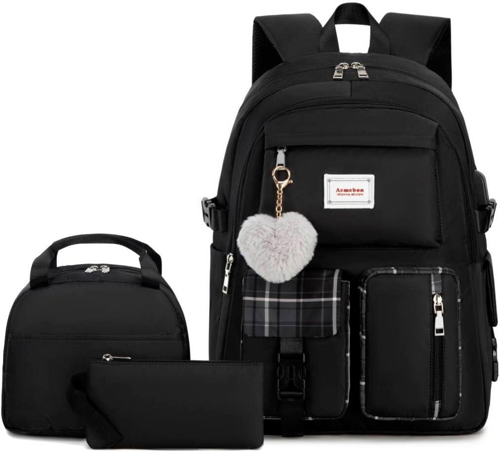 Acmebon Girl Roomy Fashion Laptop Backpack Set Casual Daypack Set for Women Black