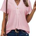 Astylish Womens V Neck Blouses Casual Short Sleeve Buttons Hollow Out Fashion Shirts Tops Dressy (Medium)
