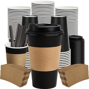 16 oz Paper Coffee Cups with Lids 50 Pack, Black Disposable Hot Coffee Cups with Lids, Sleeves and Stirring Sticks, To Go Cups, for Parties, Picnic, Travel, and Events