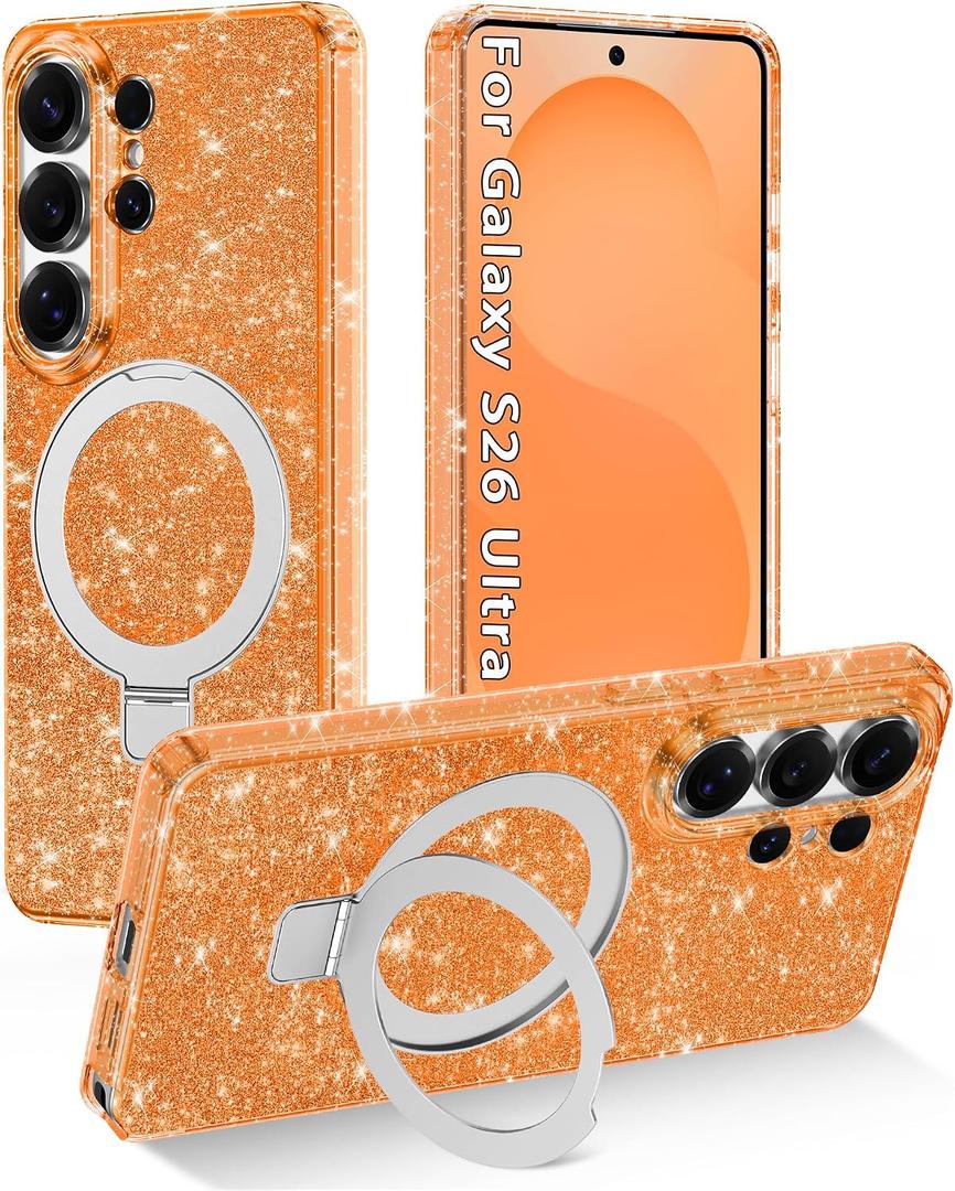 Magnetic for Galaxy S26 Ultra Case with Invisible Ring Stand[Compatible with MagSafe]Full Body Slim Women Girl Shockproof Marble Pattern Design Case for Samsung Galaxy S26 Ultra,Orange/Sliver